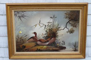 Large Vintage Wah Kee Wu Chinese O/c Oil Paintings Ducks Landscape Nr photo