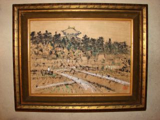 Vintage Chinese Rice Fields Hand Painted On Wood Gold Gilt Framed Art photo