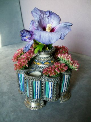Persian Islamic Filigree & Ceramic Floret Vase; Nine Flower Display Compartment photo