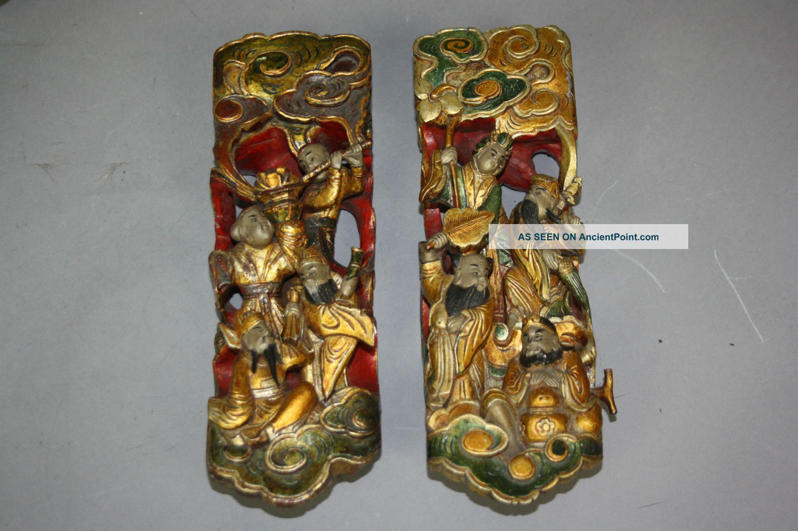 Pair Of 19th Century Hui Wood Carved Eight Immortals Plaque Other photo