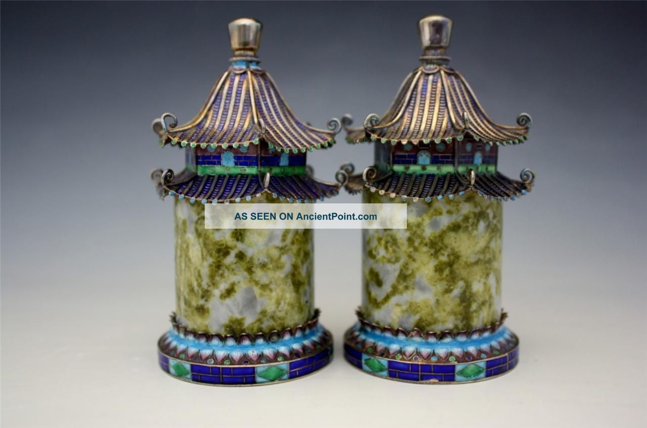 Pair Salt & Pepper Shakers Chinese Republic Period Sterling Silver & Enamel Nore Other photo