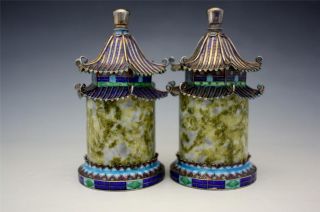 Pair Salt & Pepper Shakers Chinese Republic Period Sterling Silver & Enamel Nore photo