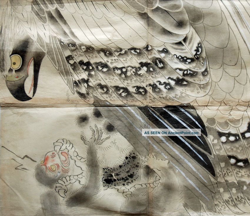 1850s Japanese Hand Painted Picture Hawk & Monkey Falcon W/ Sumi Ink,  Pigment Paintings & Scrolls photo