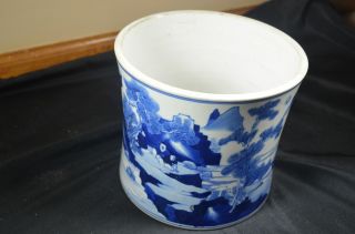Chinese Blue White Figural Scenic Brushpot Bitong Transitional photo