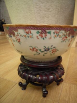Antique Chinese Porcelain Bowl Famille Rose Hand Painted 19th Century With Stand photo
