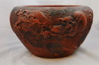 Extra Large Antique Chinese Terracotta Fish Bowl - Vase W.  Dragon 19th Or 20th ? photo
