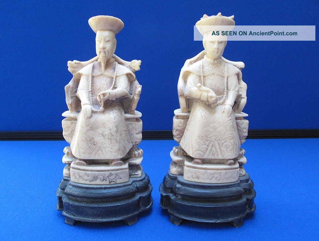 Pair Of Antique Chinese Carved Ox Bone Seated Emperor & Empress Statues Signed Other photo