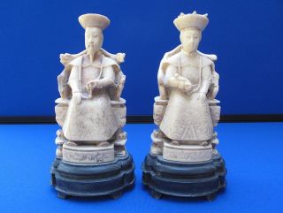Pair Of Antique Chinese Carved Ox Bone Seated Emperor & Empress Statues Signed photo