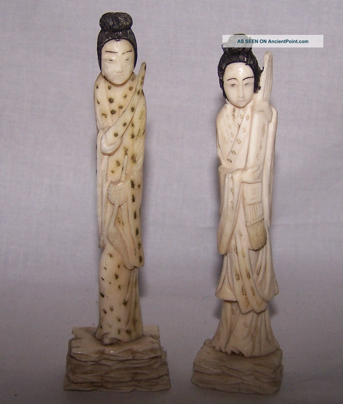 2 Old Antique Meiji Period? Japanese Women Carved Ox Bone Okimono Statues Statues photo