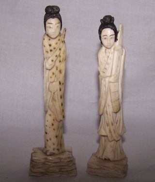 2 Old Antique Meiji Period? Japanese Women Carved Ox Bone Okimono Statues photo