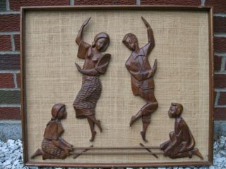Retro Mid Century Modern Framed Carved Wood Chinese Bamboo Stick Dance Vtg photo