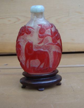 Antique Asian Chinese 19c Peking Glass Red On Snowflake Snuff Bottle photo