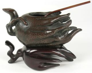 Antique Asian Bronze Water Dropper,  Strange Gourd W/silver Inlay,  Matching Stand photo