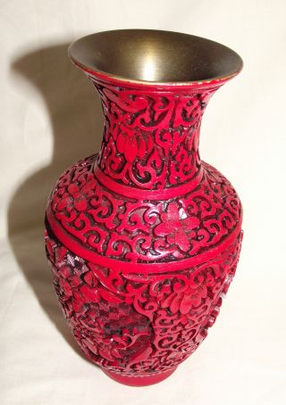 Oriental Floral Red Over Black Cinnabar Lacquer Vase 21cm Tall (c) photo