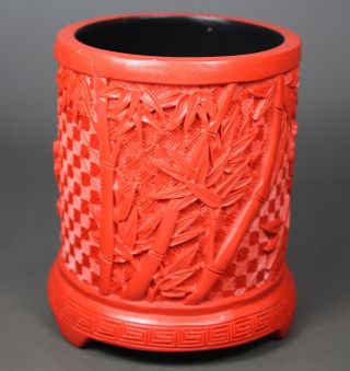 Chinese Handwork Carving Bamboo Old Lacquer Brush Pot photo