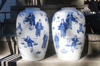 Pr Antique 19th Chinese Blue White Jars And Drilled As Lamp Bases photo