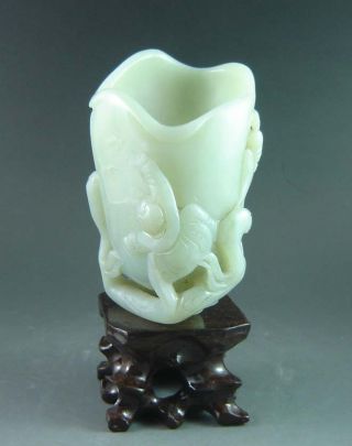 Exquisite Chinese Hetian Jade Carved Urchin Brush Pot photo