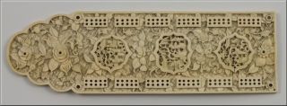 19th C Chinese Carved Ox Bone Cribbage Board W/ Character Scenes photo
