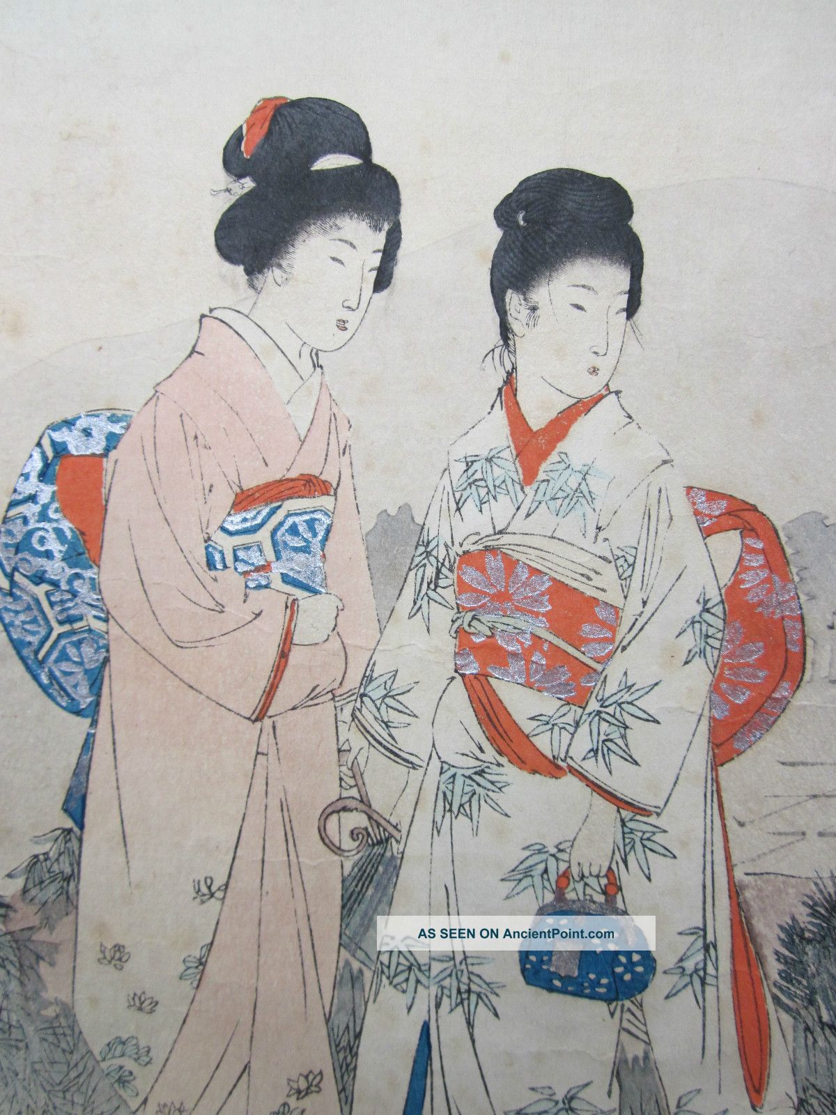 Japanese Woodblock Print - C.  1900 - Two Beauties - Signed - Meiji Period Prints photo