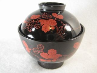Japanese Vintage Wooden Lidded Lacquer Misoshiru Bowl Red Gourd Design photo