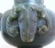 Archaic Style Chinese Carved Green Serpentine Ram Head Vase On Wood Stand (7.  4 