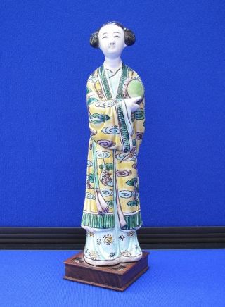 Fine Antique Chinese Porcelain Famille Rose Woman Statue On Wood Stand photo