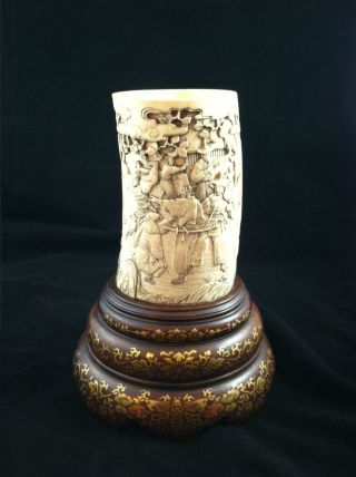 Large Japanese/chinese Carved Faux Ivory Scenic Tusk Vase Meiji Period photo