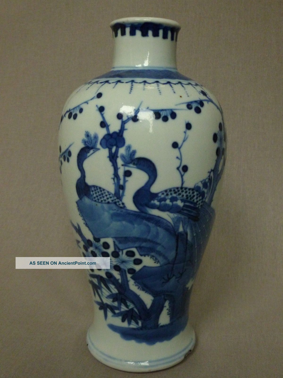 Antique Chinese Blue & White Peacock Vase Kangxi Six Character Mark 19th Century Vases photo