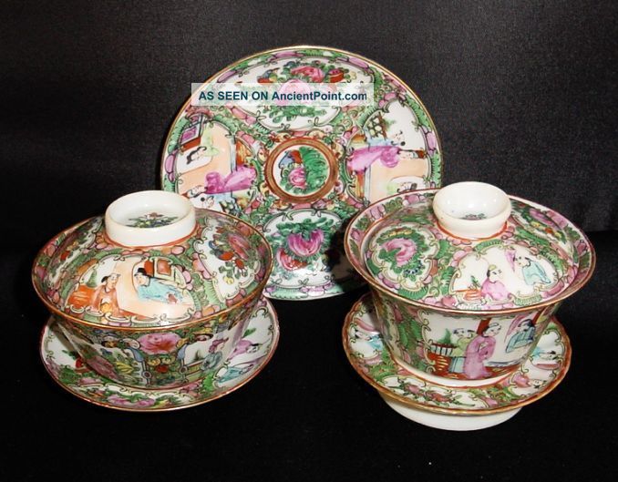 Two Fine Chinese Export Rose Medallion Covered Bowls With Saucers - Nr Glasses & Cups photo