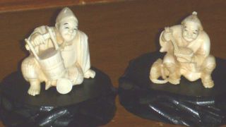 Fine Old Ox Bone Statues Of Chinese Men Signed By Artist photo