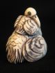 Finely Carved & Inked Ox Bone Netsuke Of Two Pelican Birds Netsuke photo 2