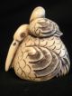 Finely Carved & Inked Ox Bone Netsuke Of Two Pelican Birds Netsuke photo 4