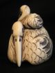 Finely Carved & Inked Ox Bone Netsuke Of Two Pelican Birds Netsuke photo 5