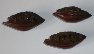 Very Fine Carved Chinese Coquilla Nut Beads Boats Shell Antique X3 Nr photo