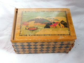 Vintage - Japanese - Specimen Wood Inlay Puzzle Box - Mount Fuji & Flowers - Circa 1920s photo