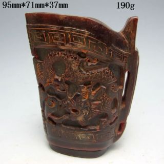 Old Antique 18 - 19th Chinese Ox Horn Carved Dragon Jiao Cup Nr/pc1628 photo