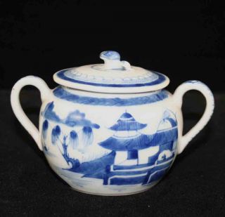 Antique Blue & White Canton China,  Export Porcelain - - - - - Sugar Bowl,  Loop Handles photo