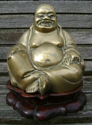 Antique Qing Chinese Bronze Buddha Buddah On Wood Stand photo