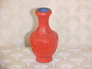 Vintage Chinese Cinnabar Vase 4 Inch Sticker Blue Enamel Interior photo