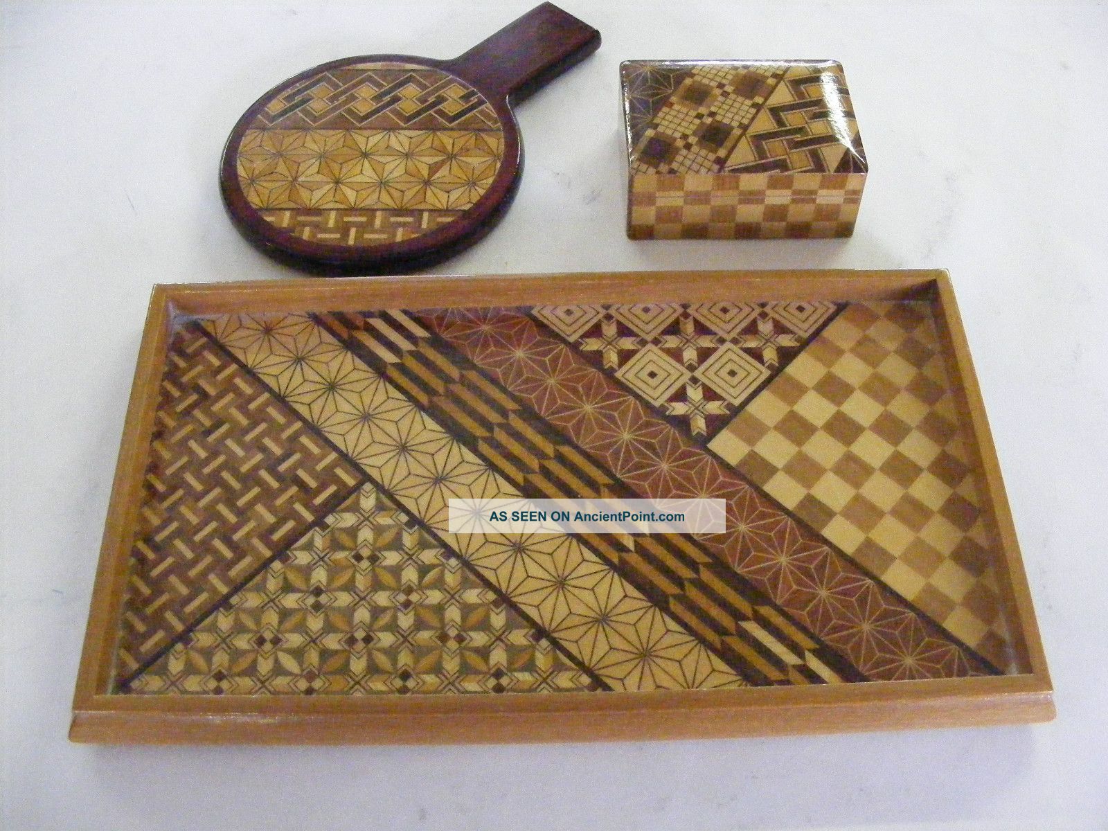 Yosegi Japanese Inlaid Wood Parquetry Mosaic 3 Pc Dresser Set Boxes photo
