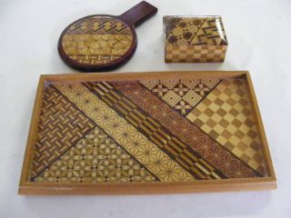 Yosegi Japanese Inlaid Wood Parquetry Mosaic 3 Pc Dresser Set photo