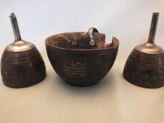 3 Chinese Carved Coconut Shells - 2 Funnels & A Cup 19thc photo