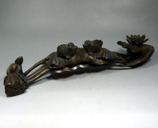 19thc Chinese Boxwood Wood Handcraft Craved Lotus Flower Goldfish Ruyi Statue photo