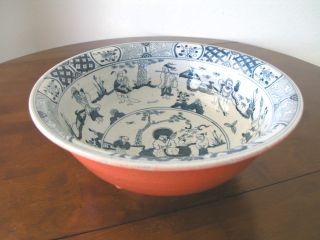 Antique Chinese Blue And White Porcelain Bowl With Orange Glaze Base photo