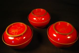 100+ Year Old Japanese Antique Lacquer Hand Painted Mackie Tea Rice Bowls (3) photo