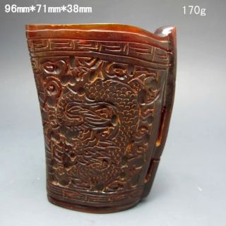 Old Antique 18 - 19th Chinese Ox Horn Hand - Carved Dragon Jiao Cup Nr/bg2021 photo