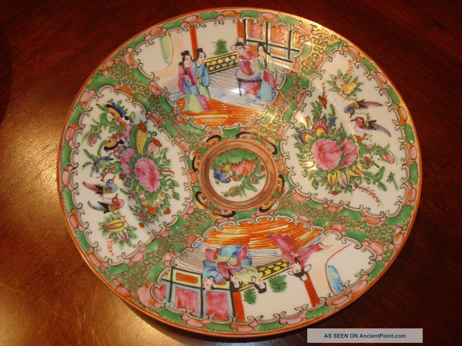 Antique Chinese Rose Medallion Soup Bowl Plate C,  8 1/2 