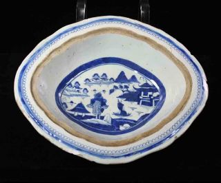Antique Blue & White Canton China,  Export Porcelain - Damaged:oval Vegetable Dish photo