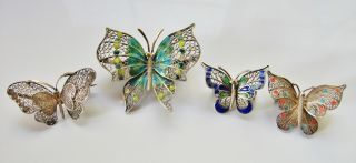 4 Antique Enamel Brooches - With Gorgeous Details - Chinese Sterling Butterflies photo