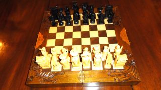 Vintage Chineese Figural Chess Set: Hand Carved Pieces & Board W/ Drawers & Case photo